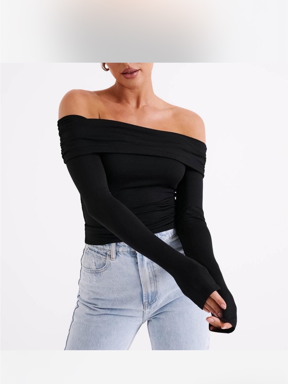 Meshki Off-Shoulder Long Sleeve Black Top with Folded Neckline Size Medium - Picture 1 of 2